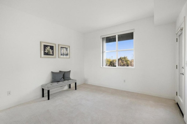 sitting room featuring light colored carpet