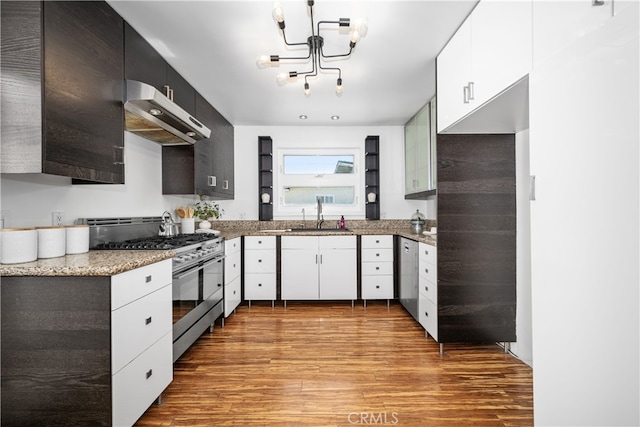 kitchen featuring light wood-style flooring, appliances with stainless steel finishes, under cabinet range hood, white cabinetry, and a sink