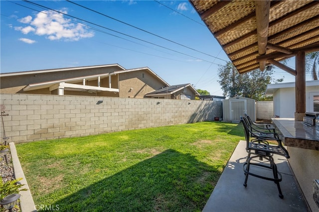 view of yard featuring an outbuilding, a patio area, a fenced backyard, and a storage unit