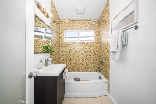 bathroom with shower / washtub combination, plenty of natural light, vanity, and tile patterned floors