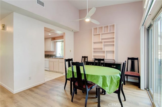 8566 Larkhall Cir Unit 809D, Huntington Beach, CA 92646 - dining room with baseboards, visible vents, light wood finished floors, and ceiling fan