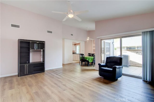 8566 Larkhall Cir Unit 809D, Huntington Beach, CA 92646 - sitting room with light wood-style flooring, a ceiling fan, visible vents, and baseboards