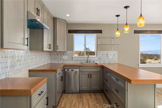 60785 La Brisa Dr, Joshua Tree, CA 92252 - kitchen featuring a sink, stainless steel dishwasher, a peninsula, under cabinet range hood, and wood finished floors