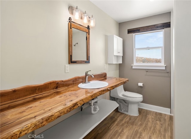 bathroom with wood-type flooring, toilet, and sink