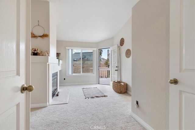 doorway with light colored carpet