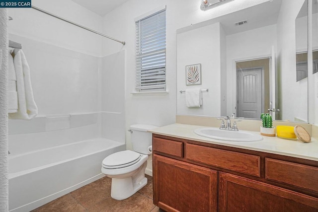 full bathroom with vanity, toilet, shower / bath combination, and tile patterned flooring