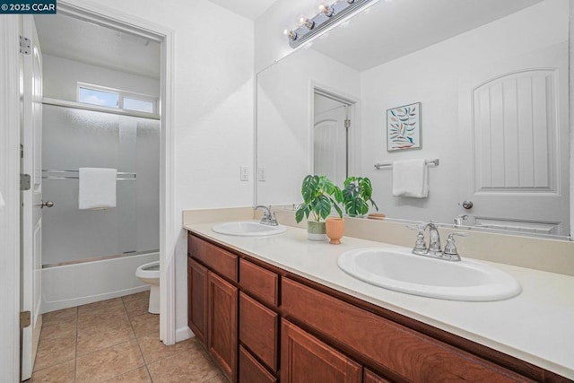 full bathroom with vanity, tile patterned floors, shower / bath combination with glass door, and toilet