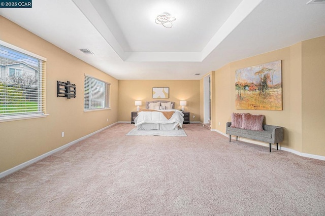 unfurnished bedroom with a raised ceiling and carpet