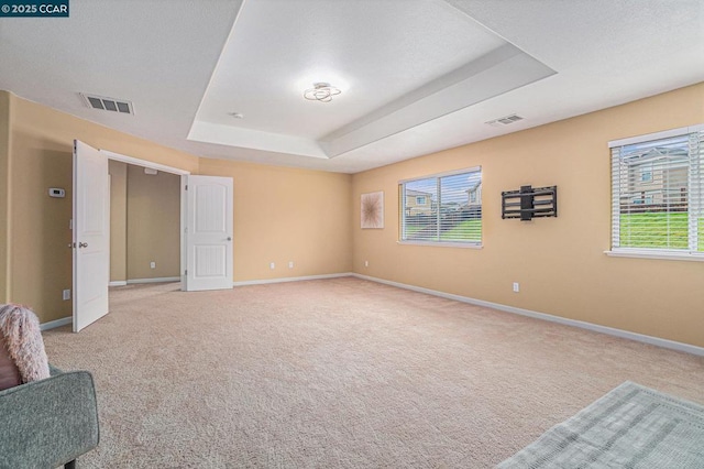 interior space featuring light colored carpet, a raised ceiling, and multiple windows