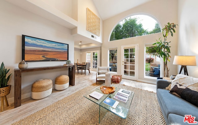 living room featuring high vaulted ceiling and light hardwood / wood-style floors