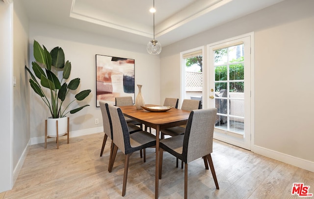 dining room with light hardwood / wood-style floors and a tray ceiling