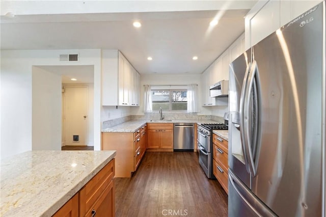 kitchen with white cabinetry, light stone countertops, sink, dark wood-type flooring, and appliances with stainless steel finishes