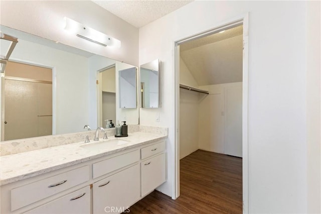 bathroom featuring vanity, wood-type flooring, and a textured ceiling