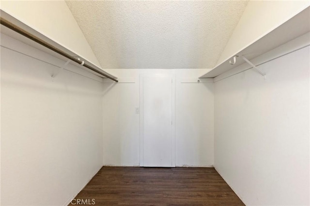 walk in closet featuring lofted ceiling and dark wood-type flooring