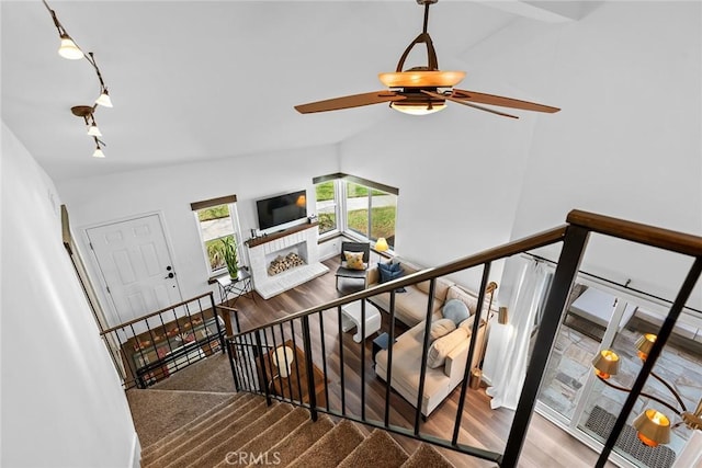 stairs featuring hardwood / wood-style flooring, vaulted ceiling, and rail lighting