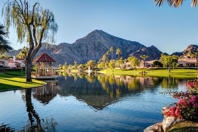 view of water feature featuring a mountain view and a gazebo