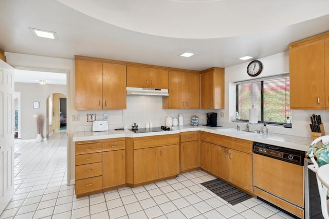 kitchen featuring light tile patterned floors, sink, paneled dishwasher, black electric stovetop, and stainless steel range