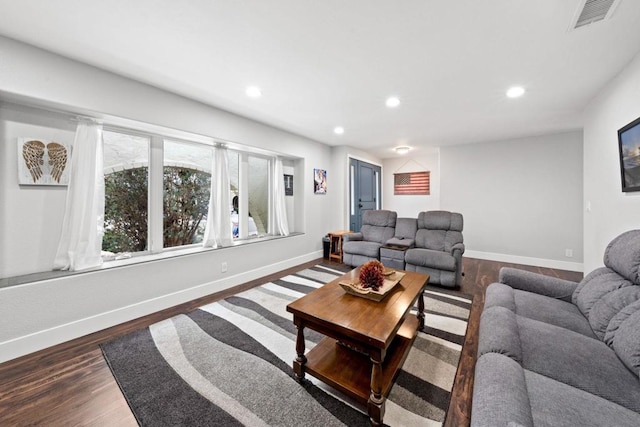 living room featuring dark wood-type flooring