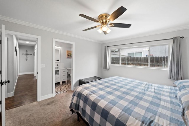 bedroom with ornamental molding, carpet flooring, and ceiling fan