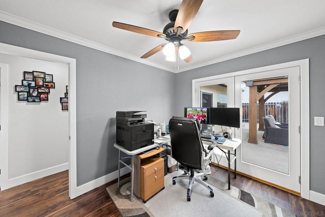 office area featuring crown molding, dark wood-type flooring, and french doors