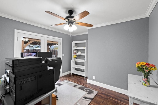 interior space featuring dark hardwood / wood-style flooring, crown molding, french doors, and ceiling fan