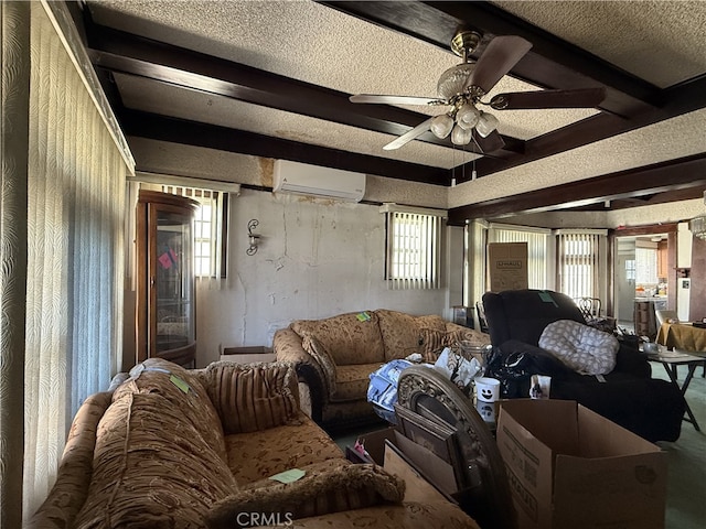 1490 W 51st St, Los Angeles, CA 90062 - living room with an AC wall unit, ceiling fan, beam ceiling, and a textured ceiling