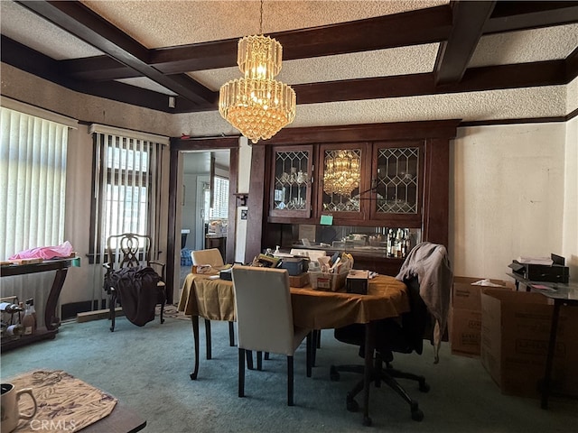 1490 W 51st St, Los Angeles, CA 90062 - carpeted dining area with coffered ceiling, a chandelier, and beamed ceiling