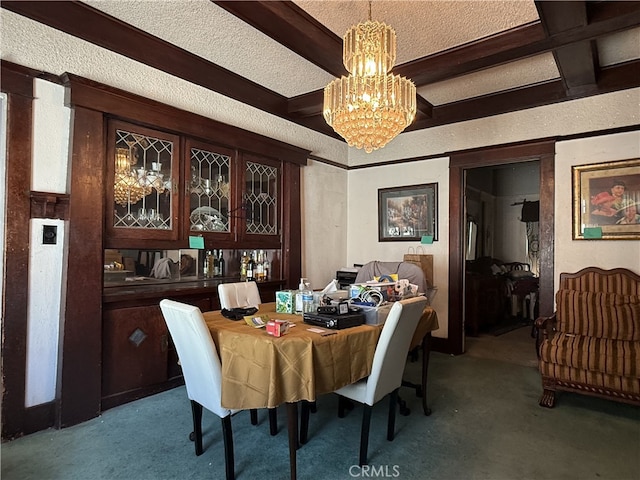 1490 W 51st St, Los Angeles, CA 90062 - carpeted dining area featuring coffered ceiling, a chandelier, and beam ceiling