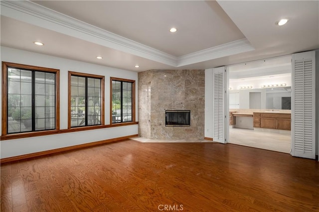 unfurnished living room with sink, ornamental molding, a tray ceiling, hardwood / wood-style flooring, and a fireplace