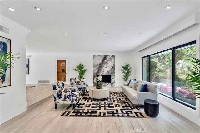 living room featuring crown molding, a premium fireplace, and light wood-type flooring