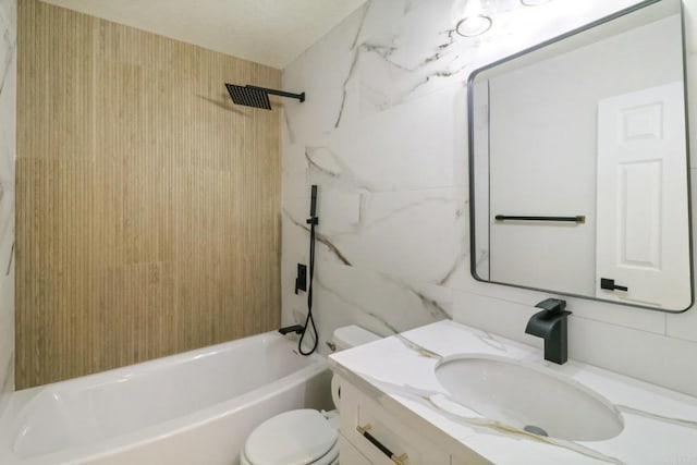 full bathroom featuring shower / bath combination, tile walls, vanity, decorative backsplash, and toilet