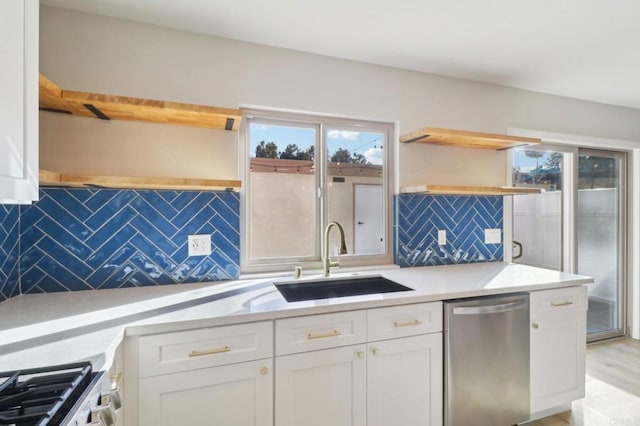 kitchen featuring sink, backsplash, stainless steel dishwasher, and white cabinets