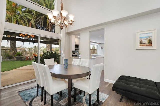 dining room with hardwood / wood-style flooring and an inviting chandelier