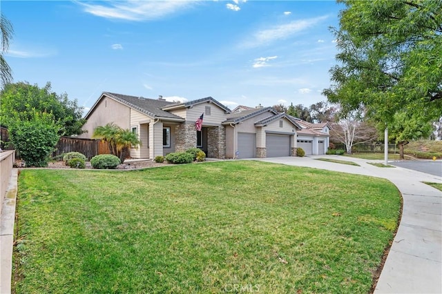 ranch-style home with a garage and a front yard