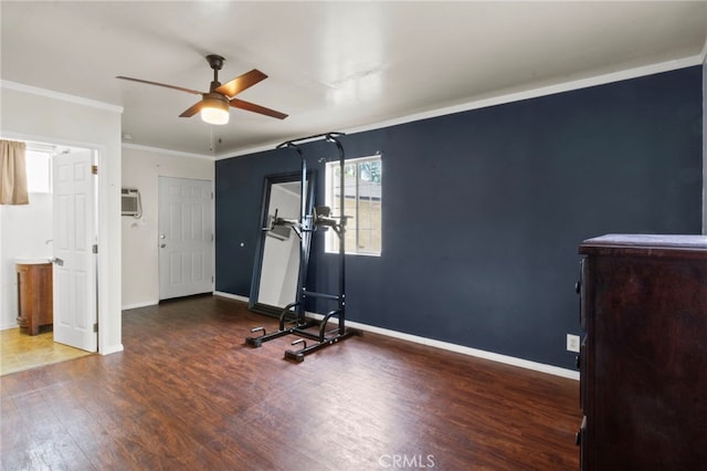 workout room with hardwood / wood-style flooring, ornamental molding, a wall mounted AC, and ceiling fan