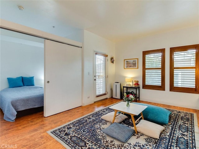 living room with hardwood / wood-style flooring and a barn door