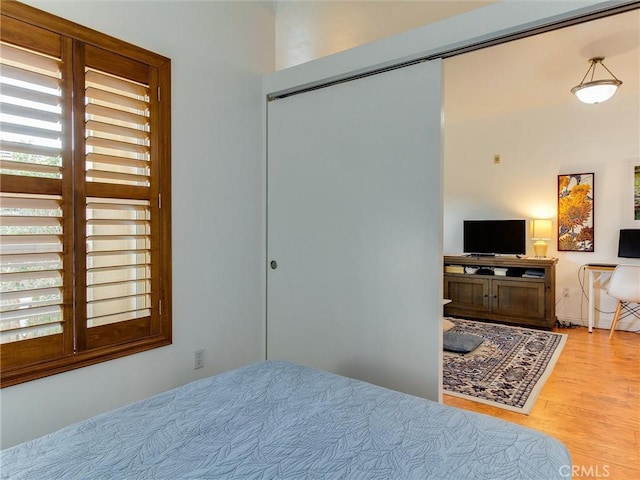 bedroom featuring a closet and light wood-type flooring