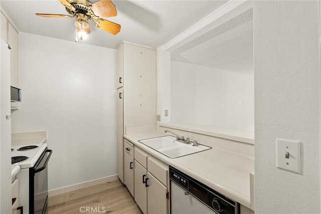 kitchen featuring sink, light wood-type flooring, white cabinets, ceiling fan, and white appliances