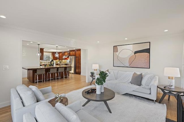 living room with crown molding and light wood-type flooring