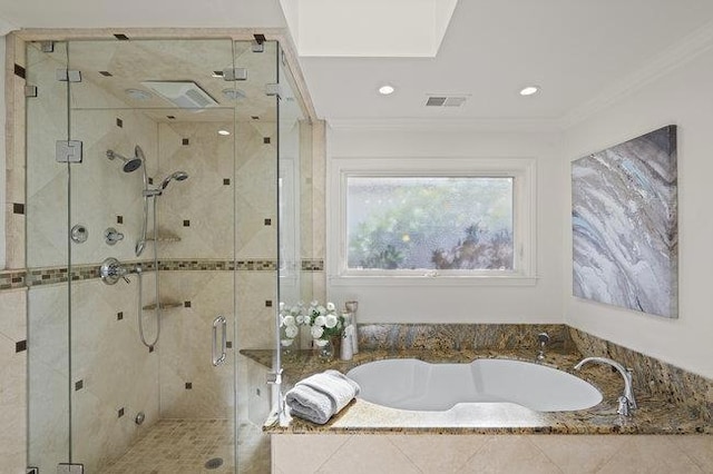 bathroom featuring independent shower and bath and crown molding