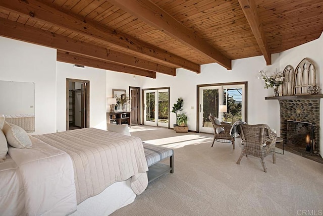 bedroom with beamed ceiling, wooden ceiling, light carpet, and access to outside