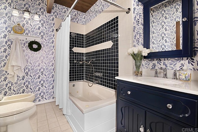 full bathroom with shower / bath combination with curtain, tile patterned flooring, vanity, toilet, and a bidet