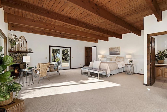 bedroom with beamed ceiling, access to outside, light colored carpet, and wood ceiling