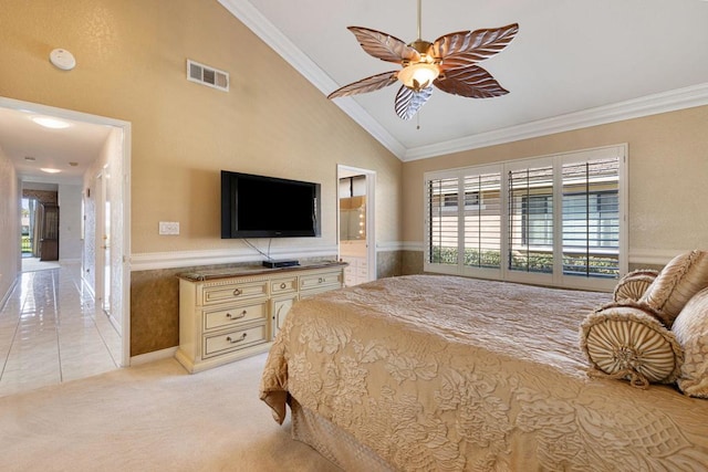 carpeted bedroom featuring high vaulted ceiling, ornamental molding, and ceiling fan