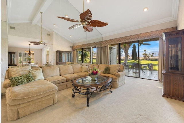 carpeted living room with high vaulted ceiling, beam ceiling, ceiling fan with notable chandelier, and ornamental molding