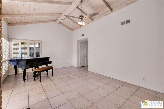 miscellaneous room featuring light tile patterned floors, ceiling fan, high vaulted ceiling, wooden ceiling, and beamed ceiling