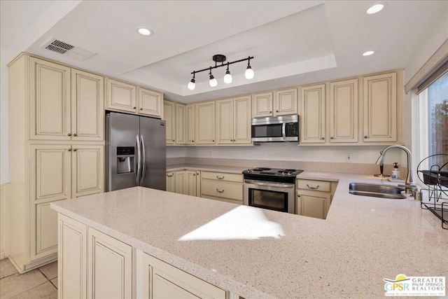 kitchen with appliances with stainless steel finishes, a tray ceiling, sink, and cream cabinetry