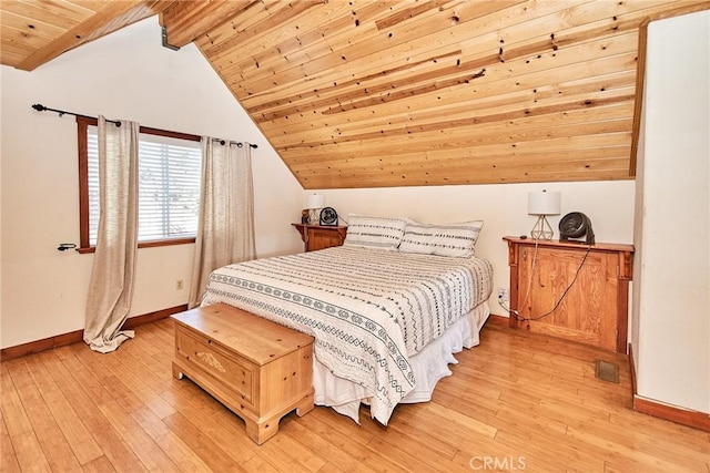 bedroom with vaulted ceiling with beams, light wood finished floors, baseboards, and wooden ceiling