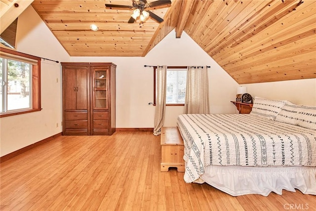 unfurnished bedroom featuring vaulted ceiling with beams, ceiling fan, light wood-type flooring, wooden ceiling, and baseboards