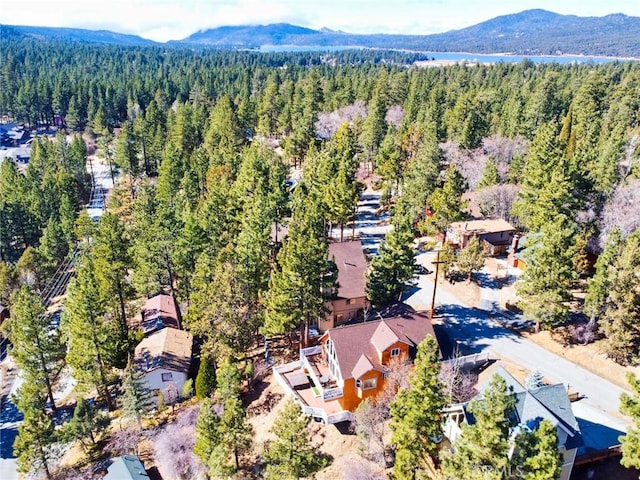 aerial view featuring a wooded view and a mountain view